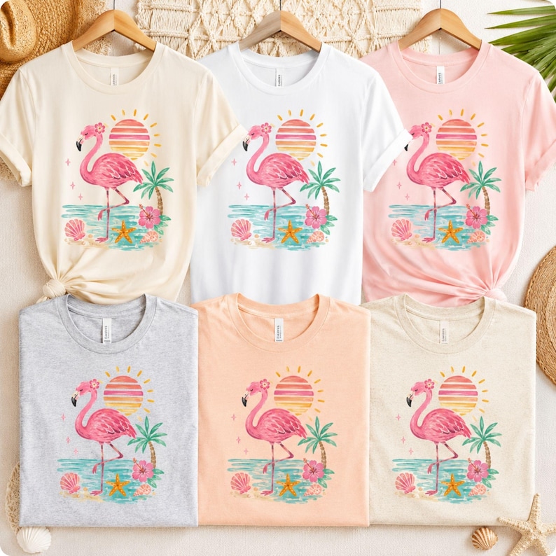 Tropical Flamingo Shirt, Summer Beach Tee, Pink Flamingo T-Shirt, Vacation Graphic Tee, Coastal Palm Tree Shirt, Beach Lover Gift, Cute Gift image 4