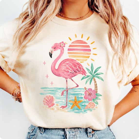 Tropical Flamingo Shirt, Summer Beach Tee, Pink Flamingo T-Shirt, Vacation Graphic Tee, Coastal Palm Tree Shirt, Beach Lover Gift, Cute Gift