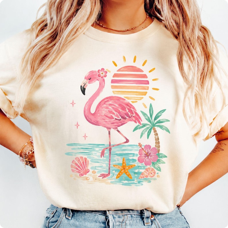 Tropical Flamingo Shirt, Summer Beach Tee, Pink Flamingo T-Shirt, Vacation Graphic Tee, Coastal Palm Tree Shirt, Beach Lover Gift, Cute Gift image 1