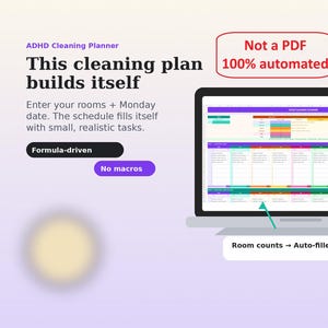ADHD Google Sheets Cleaning Template, Interactive Excel Chore Tracker Spreadsheet, Auto Schedule Clean Planner, Digital Chore Chart