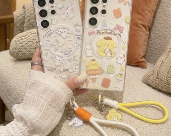 Leuke magnetische standaard Cinnamoroll PomPomPurin-telefoonhoes voor Samsung S26 Ultra S25 S24 S23 S22 S21 A56 A36 A15 A14, cartoon cover met riem