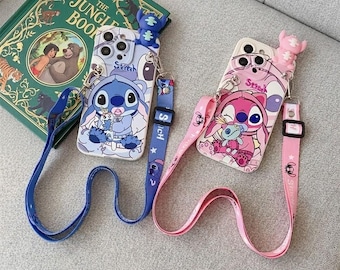 Cartoon 3D Stitch Angel telefoonhoesje voor iPhone 17 Pro Max 16 15 14 13 12 11, leuk stel telefoonhoes met draagkoord en handgreep