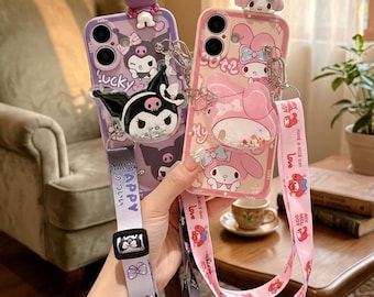 Drijfzandstandaard Kuromi My Melody-telefoonhoes met sleutelkoord voor iPhone 17 Pro Max 16 15 14 13 12 11, schattige vloeibare glitter cartoon telefoonhoes