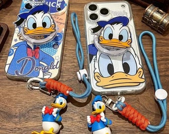 Magnetische standaard Leuke Donald Duck-telefoonhoes voor iPhone 17 Pro Max 16 15 14 13 12 11, doorzichtige cartoonhoes met 3D-charme lanyardriem