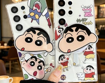 Grappige Magnetische Stand Shin-Chan Telefoon Geval voor Samsung S26 Ultra S25 S24 S23 S22 S21 A56 A36 A15 A14, clear kawaii cartoon Telefoon Cover