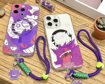Magnetische standaard Cool Anime Gengar-telefoonhoesje voor iPhone 17 Pro Max 16 15 14 13 12 11, doorzichtige telefoonhoes met riem, gamercadeau