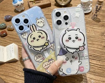 Magnetische standaard Leuke Chiikawa-telefoonhoes voor iPhone 17 Pro Max 16 15 14 13 12 11, doorzichtige kawaii cartoon achterkant