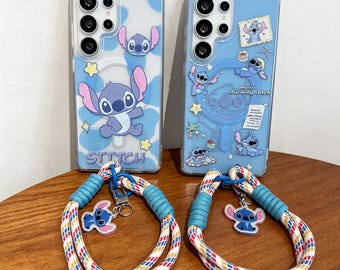 Magnetische standaard schattig gestikt telefoonhoesje met gevlochten bedelband voor Samsung S26 Ultra S25 S24 S23 S22 Plus, doorzichtige kawaii cartoon achterkant