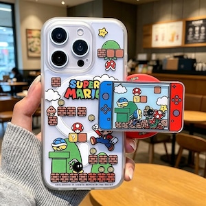 Custodia magnetica divertente di Mario con supporto Shaker Grip per iPhone 17 Pro Max 16 15 14 13 12 11, cover trasparente in stile retrò per videogiochi, regalo per gamer.