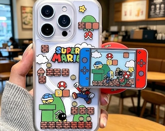 Magnetisch grappig Mario-telefoonhoesje met Shaker Grip-standaard voor iPhone 17 Pro Max 16 15 14 13 12 11, retro gaming doorzichtige hoes, gamercadeau