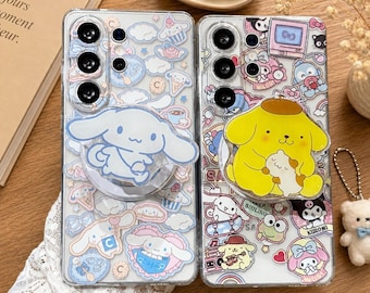 Magnetic Stand Cute Cinnamoroll PomPomPurin Phone Case for Samsung S26 Ultra S25 S24 S23 S22 S21 A56 A36 A15 A14 Cover with Pearl Bracelet