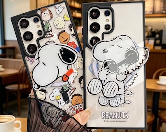 Leuke Snoopy magnetische standaard telefoonhoes voor Samsung S26 Ultra S25 S24 S23 S22 Plus, doorzichtige vierkante cartoon achterkant met riem
