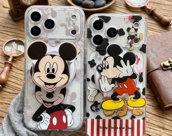 Magnetische standaard schattige Mickey-telefoonhoes voor iPhone 17 Pro Max 16 15 14 13 12 11, cartoon doorzichtige telefoongreephoes met riem