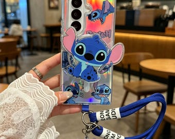 Magnetische standaard schattige steek telefoonhoesje voor Samsung Galaxy Z Fold 7 6 5 4 3, doorzichtige kawaii cartoon laser telefoonhoes met riem