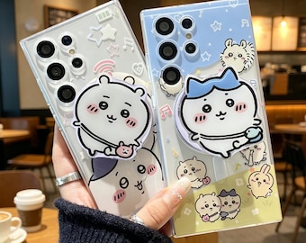 Magnetische standaard schattige chiikawa telefoonhoes voor Samsung S26 Ultra S25 S24 S23 S22 S21 A15 A14, duidelijke kawaii cartoon achterkant