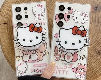 Magnetische Standaard Cute Kitty Telefoon Geval voor Samsung S26 S25 S24 S23 S22 S21 A57 A36 A15, Cartoon Clear Square Telefoon Cover Geschenken