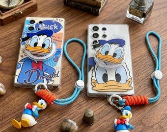 Magnetische standaard Leuke Donald Duck-telefoonhoes voor Samsung S26 S25 S24 S23 S22 S21 A57 A36 A15, doorzichtige cartoonhoes met 3D-charme lanyardriem
