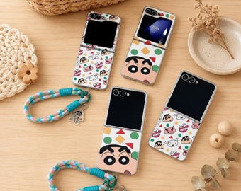 Funny Shin-chan Galaxy Z Flip Case with Strap, Kawaii Cartoon Anime Phone Cover for Samsung Z Flip 8 7 6 5 4 3