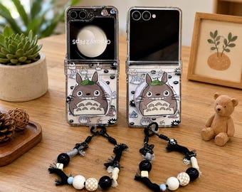 Magnetic Stand Anime Cute Totoro Phone Case for Samsung Galaxy Z Flip 8 7 6 5 4 3, Clear Cartoon Cover with Beaded Wrist Strap