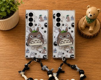 Anime Cute Totoro Magnetic Stand Phone Case for Samsung Galaxy Z Fold 8 7 6 5 4 3, Clear Cartoon Cover with Beaded Wrist Strap