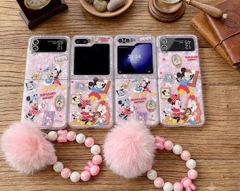 Cute Mickey Minnie Samsung Z Flip Case with Pom Pom Beaded Bracelet, Pink Retro Cartoon Kawaii Wrist Strap Cover for Galaxy Z Flip 7 6 5 4 3