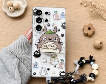 Anime Cute Totoro Magnetic Stand Phone Case for Samsung S26 S25 S24 S23 S22 S21 A57 A36 A15, Clear Cartoon Cover with Beaded Wrist Strap