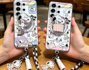 Leuke Sleeping Snoopy magnetische standaard telefoonhoes voor Samsung S26 S25 S24 S23 S22 S21 A57 A36 A15, cartoon doorzichtige vierkante achterkant met riem