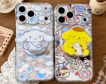 Magnetische standaard Cinnamoroll PomPomPurin-telefoonhoes voor iPhone 17 Pro Max 16 15 14 13 12 11, cartoon hoes met pols met parelkralen