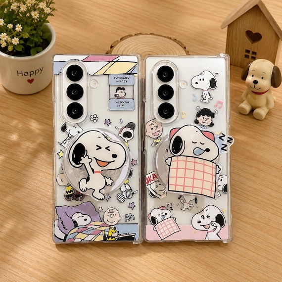 Cute Sleeping Snoopy Magnetic Stand Phone Case for Samsung Galaxy Z Fold 8 7 6 5 4, Cartoon Clear Square Back Cover with Strap