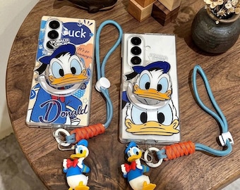Jolie coque de téléphone Donald Duck avec support magnétique pour Samsung Galaxy Z Fold 7 6 5 4 3, coque transparente en dessin animé avec dragonne à breloques 3D