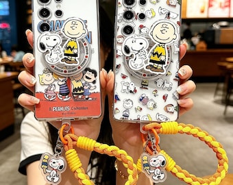 Niedliche Snoopy Magnet Stand Handyhülle für Samsung S26 S25 S24 S23 S22 S21 A57 A36 A15, Cartoon klare quadratische Rückseite mit geflochtenem Band