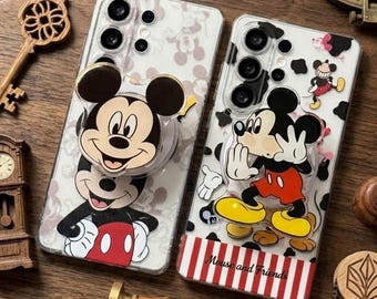Magnetische standaard schattige mickey telefoon case voor samsung s26 s25 s24 s23 s22 s21 a57 a36 a15 cartoon duidelijke telefoon grip cover met riem