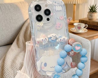 Leuke 3D Cinnamoroll-telefoonhoes met kralenarmband voor Samsung S26 S25 S24 S23 S22 S21 A72 A56 A15, heldere golvende charme cartoon telefoonhoes