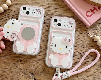 Leuke 3D Kitty-telefoonhoes voor iPhone 17 Pro Max 16 15 14 13 12 11, roze kawaii cartoon telefoonhoes met verborgen make-upspiegel en polsband