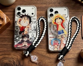 Anime manga Luffy magnetisch telefoonhoesje met standaardband voor iPhone 17 Pro Max 16 15 14 13 12, doorzichtige telefoongreepcover, anime-liefhebber Otaku-cadeau