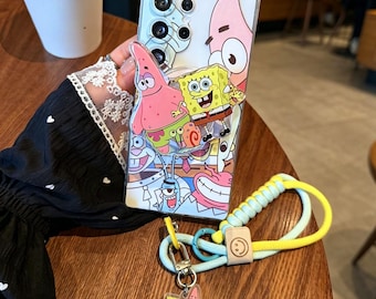 Grappige magnetische standaard SpongeBob Patrick Telefoonhoes voor Samsung S26 S25 S24 S23 S22 S21 A15 A14, leuke cartoon achterkant met riem
