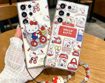 Magnetyczny stojak na telefon z uroczym kotkiem i koralikowym zawieszką do Samsunga S26 S25 S24 S23 S22 S21 A15 A14, etui z kreskówkową grafiką Kawaii, prezent dla niej