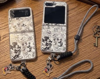 Retro Mickey Sketch Samsung Z-flipcase met geweven polsbandbedel, cartoon zwart-witte hoes voor Galaxy Z flip 7 6 5 4 3, leuk cadeau