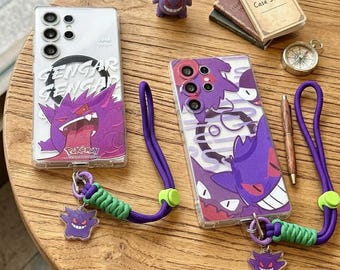 Magnetische standaard Cool Anime Gengar-telefoonhoesje voor Samsung S26 Ultra S25 S24 S23 S22 S21 A15 A14, doorzichtige telefoonhoes met riem, gamercadeau