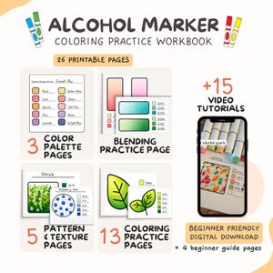 May include: An alcohol marker coloring practice workbook digital download featuring 26 printable pages, 15 video tutorials, and 4 beginner guide pages. Includes color palette, blending, pattern, texture, and coloring practice pages with examples.