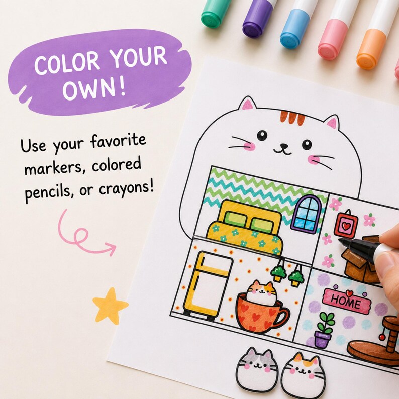 May include: A coloring page featuring a cat-shaped house with multiple rooms, including a bedroom, kitchen, and living area. The text reads COLOR YOUR OWN! and Use your favorite markers, colored pencils, or crayons! A yellow star and markers are visible.
