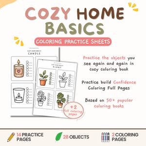 Puede incluir: Hojas de práctica de colorear Cozy Home Basics con 14 páginas, 28 objetos y 2 páginas para colorear. Las hojas incluyen dibujos de líneas de velas y plantas con casillas de verificación en forma de estrella. El texto incluye Cozy Home Basics.