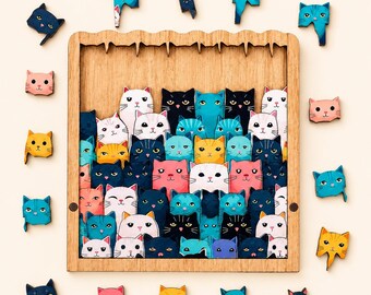 Wooden Cat Jigsaw Puzzle, Colorful Kitty, 62 Pieces, Whimsical Animal Game