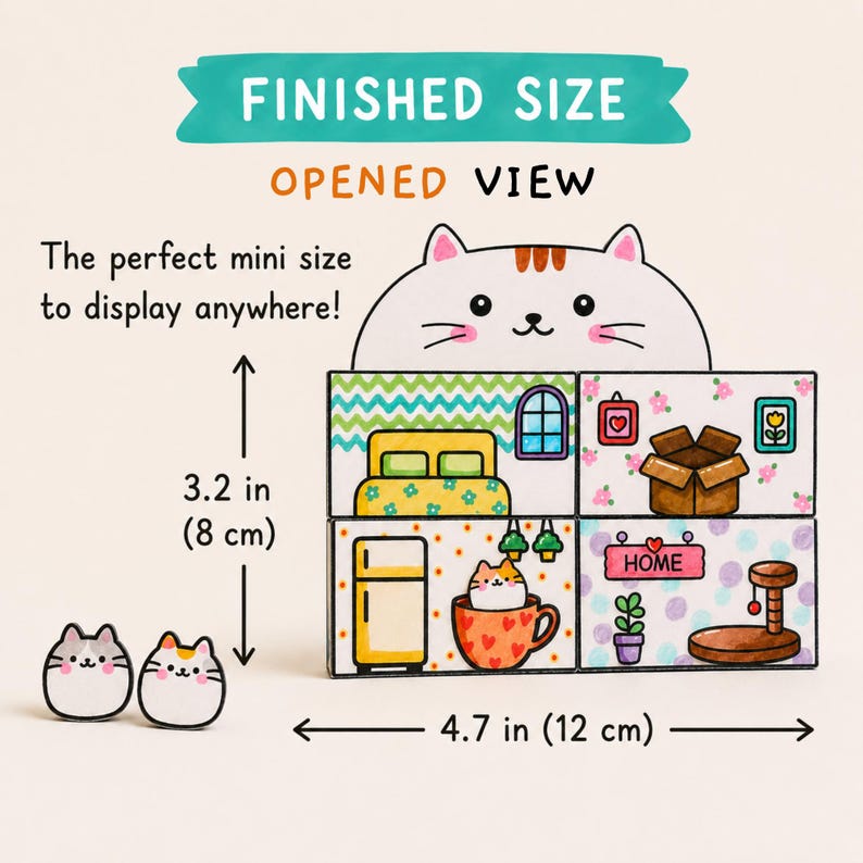 May include: A foldable cat-themed display featuring four illustrated rooms with furniture and a cat head topper. Text reads FINISHED SIZE, OPENED VIEW, and The perfect mini size to display anywhere! Dimensions are 3.2 inches by 4.7 inches.