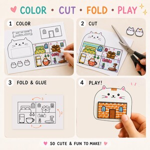 May include: A four-step instructional craft sheet for a paper mini cat house. The steps include coloring the black and white cat house template, cutting out the shapes with scissors, folding and gluing the structure, and playing with the finished house.