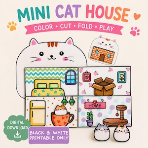May include: A printable mini cat house craft set featuring a large cat-shaped outline, four room panels with colorful illustrations of furniture, a cardboard box, a cat in a mug, a cat tree, and two small cat figures with the text MINI CAT HOUSE.