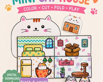 Mini Cat House Printable, Color Cut Fold Play Paper Craft, Cat Coloring Page, DIY Dollhouse Digital Download, Cute Cat Activity for Kids