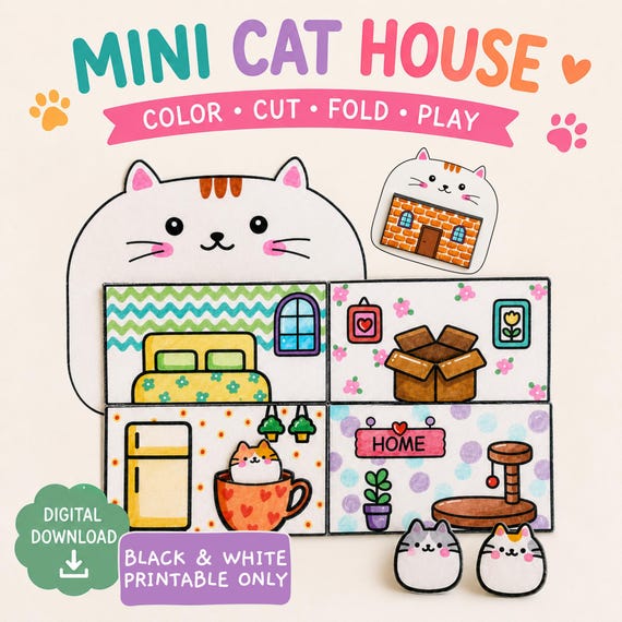 Mini Cat House Printable, Color Cut Fold Play Paper Craft, Cat Coloring Page, DIY Dollhouse Digital Download, Cute Cat Activity for Kids