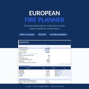 Peut inclure: Un tableur de planification financière numérique intitulé European Fire Planner. Le tableau de bord affiche des mesures telles que les actifs investis, les chiffres FIRE et des barres de progression. Texte : EUR & 11 devises, UCITS ETFs.