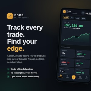 以下が含まれることがあります： スマートフォン画面に表示されたEdge Trading Journalのデジタルインターフェース。ダークテーマを採用し、緑色のデータ可視化、純損益統計、勝率や平均取引額などのパフォーマンス指標が表示されています。